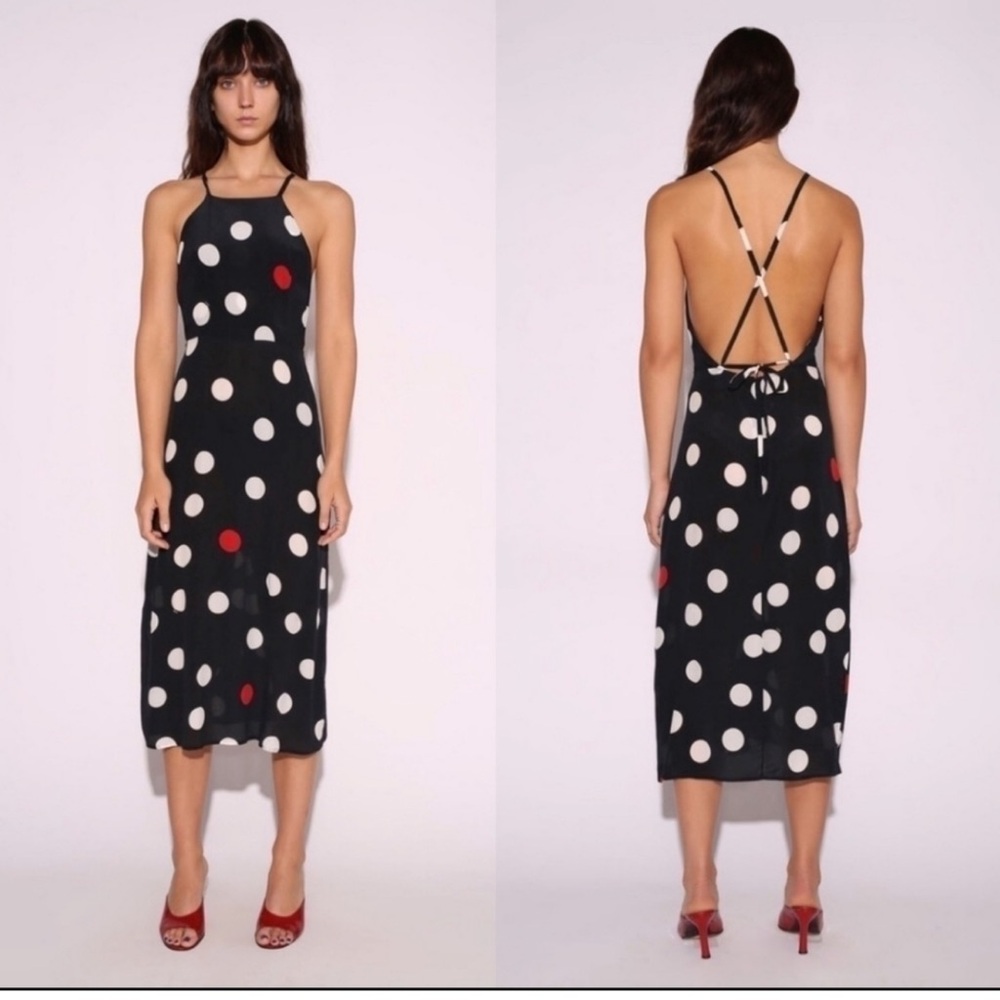 Realisation Par Black Midi Polka Dot Slip Dress with Red Accents